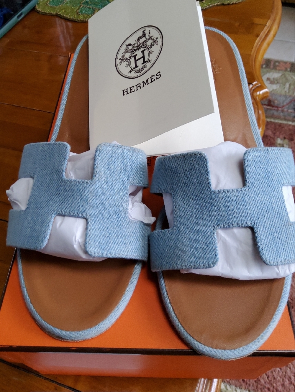 Hermes Light Blue Denim Oran Slide Mules - Picture 5 of 8